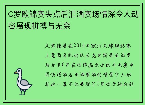 C罗欧锦赛失点后泪洒赛场情深令人动容展现拼搏与无奈