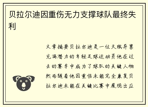 贝拉尔迪因重伤无力支撑球队最终失利